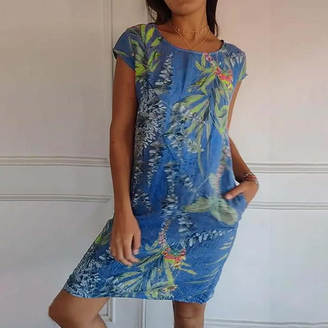 LOVZFMLL Robe d'Été Mode Femme Manches Courtes Col Rond avec Poche Bleu TG