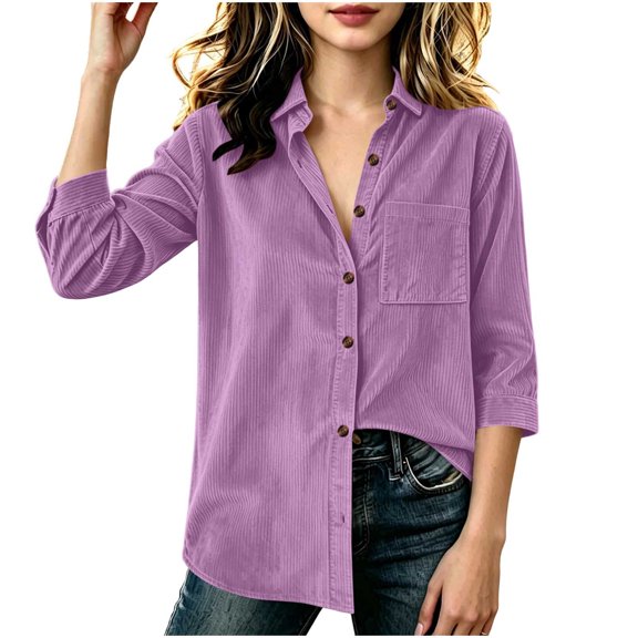 Smupbvky Corduroy Tops for Girl Collared Button up Shirts with Front Pocket Fall Long Sleeve Dressy Casual Blouses (14-15 Years, Purple)