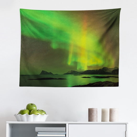 Aurora Borealis Tapestry, Camping Tent Under Magnetic Field Nature Picture, Fabric Wall Hanging Decor for Bedroom Living Room Dorm, 2 Sizes, Earth Yellow Lime Green, by Ambesonne