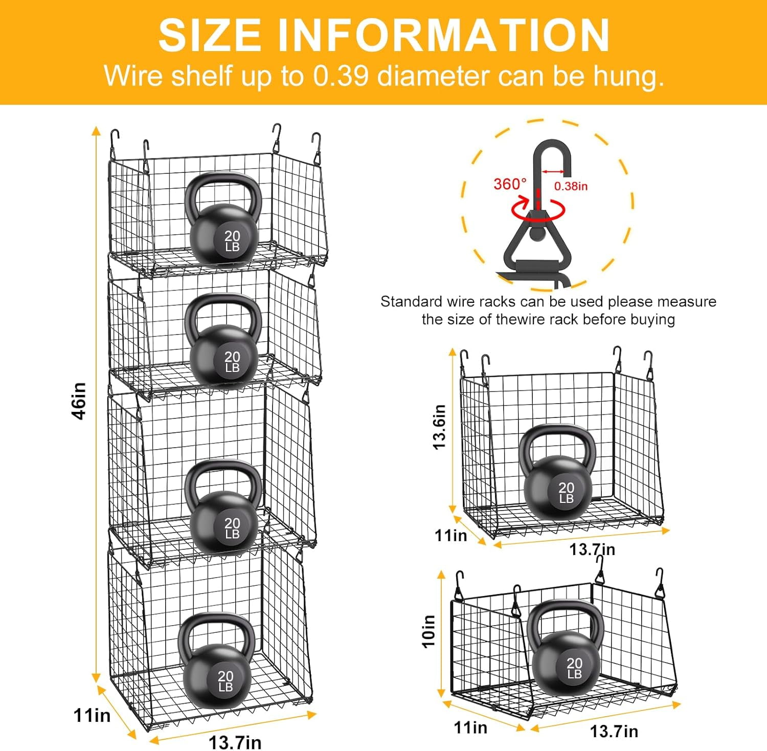 XCOSRACK 4-Pack Hanging Wire Baskets for Laundry Room, Foldable Metal Storage Organizer with 360° Rotating Hooks, Over Washer & Dryer Shelving, Black