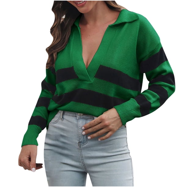 Suéter de punto de manga larga con cuello en V informal para mujer a la moda Pompotops qwe24481