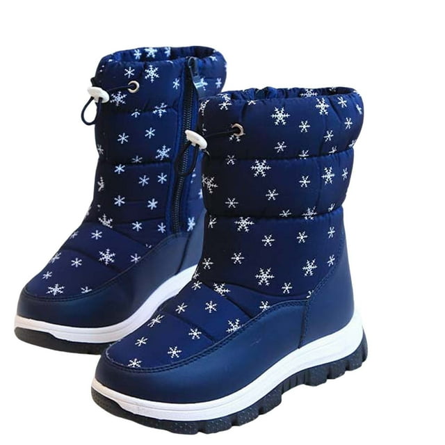 Xfvqtps Child Girls Snow Boots Mid Calf Side Zipper Waterproof Upper Adjustable Drawstring Snowflake Print Plush Lining Thickened Warm Winter Thick Bottom Soft Non Slip Comfortable Shoes Blue