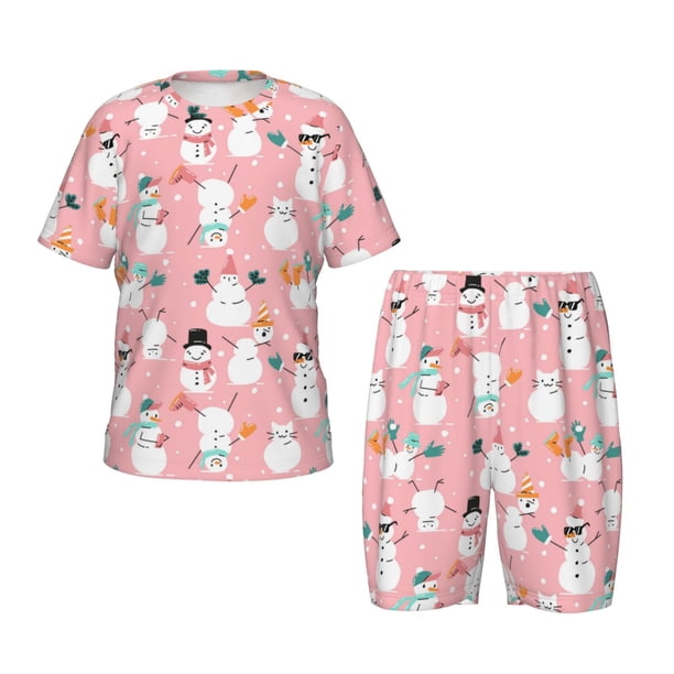Balery Cute Pink Snowman Cat Conjunto de Pijama Infantil de Manga Corta con Estampado – Ropa de Dormir de Algodón Suave-X-Large