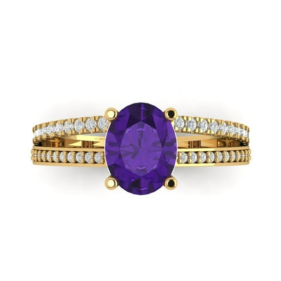 2.32 ctw Solitaire with Zirconia Diamond Accents Anniversary Ring for Women | Oval Cut Natural Amethyst | Hyperallergenic Solid 14K Yellow Gold