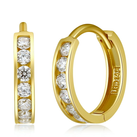 Wellingsale Ladies 14k Yellow Gold Polished 2mm CZ Channel-set Hoop Huggies Earrings (12 x 12 mm)