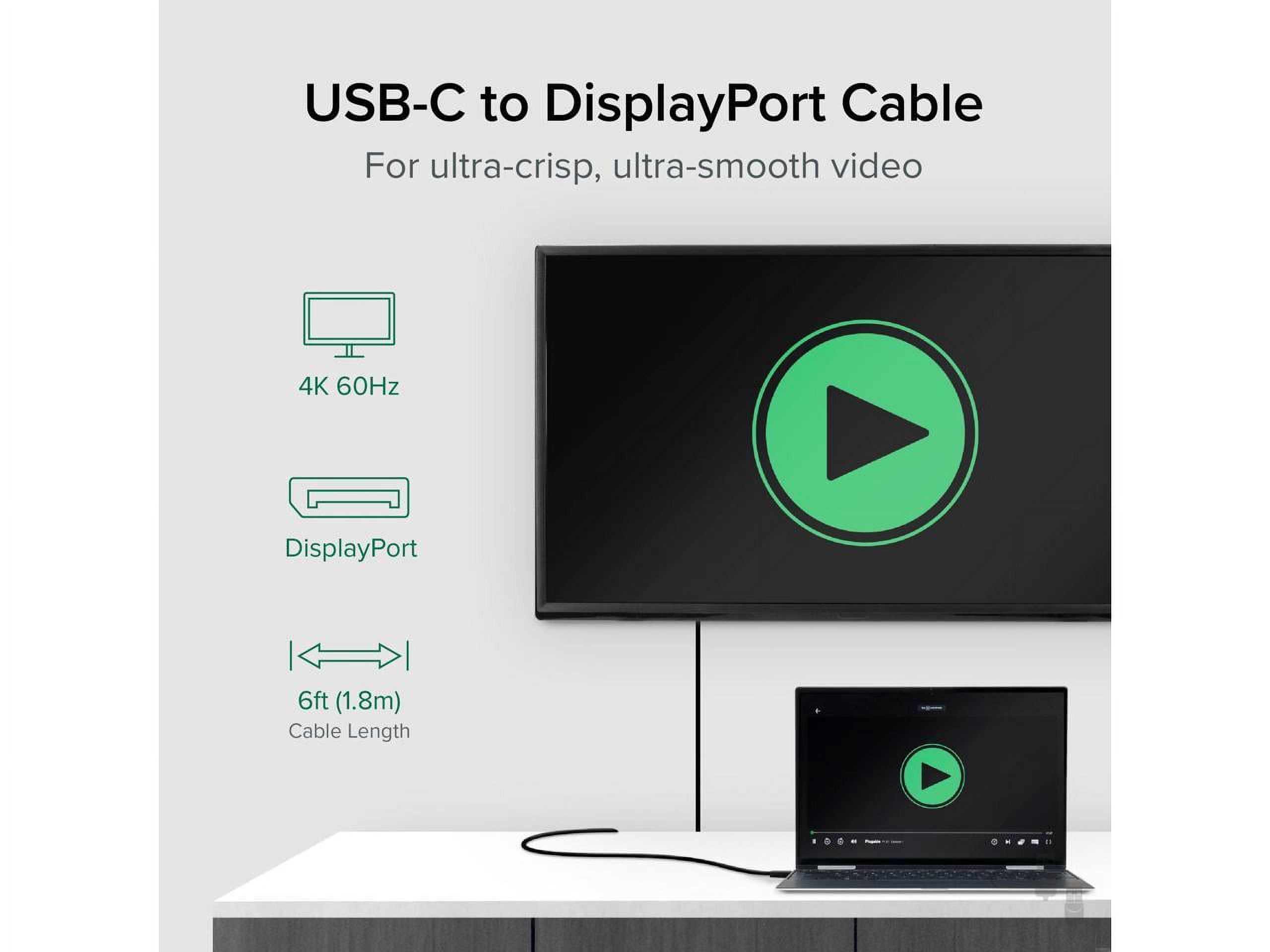 Plugable USB C to DisplayPort Cable 6 feet (1.8m), Up to 4K at 60Hz, USB C DisplayPort Cable - Compatible with Thunderbolt and USB-C - Driverless - image 2 of 7