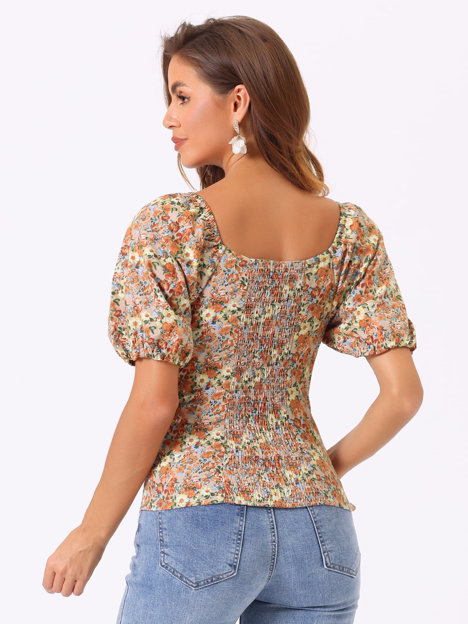 DARING DIVA Puff Sleeve Sweetheart Neck Smocked Floral Top XL Orange Brown