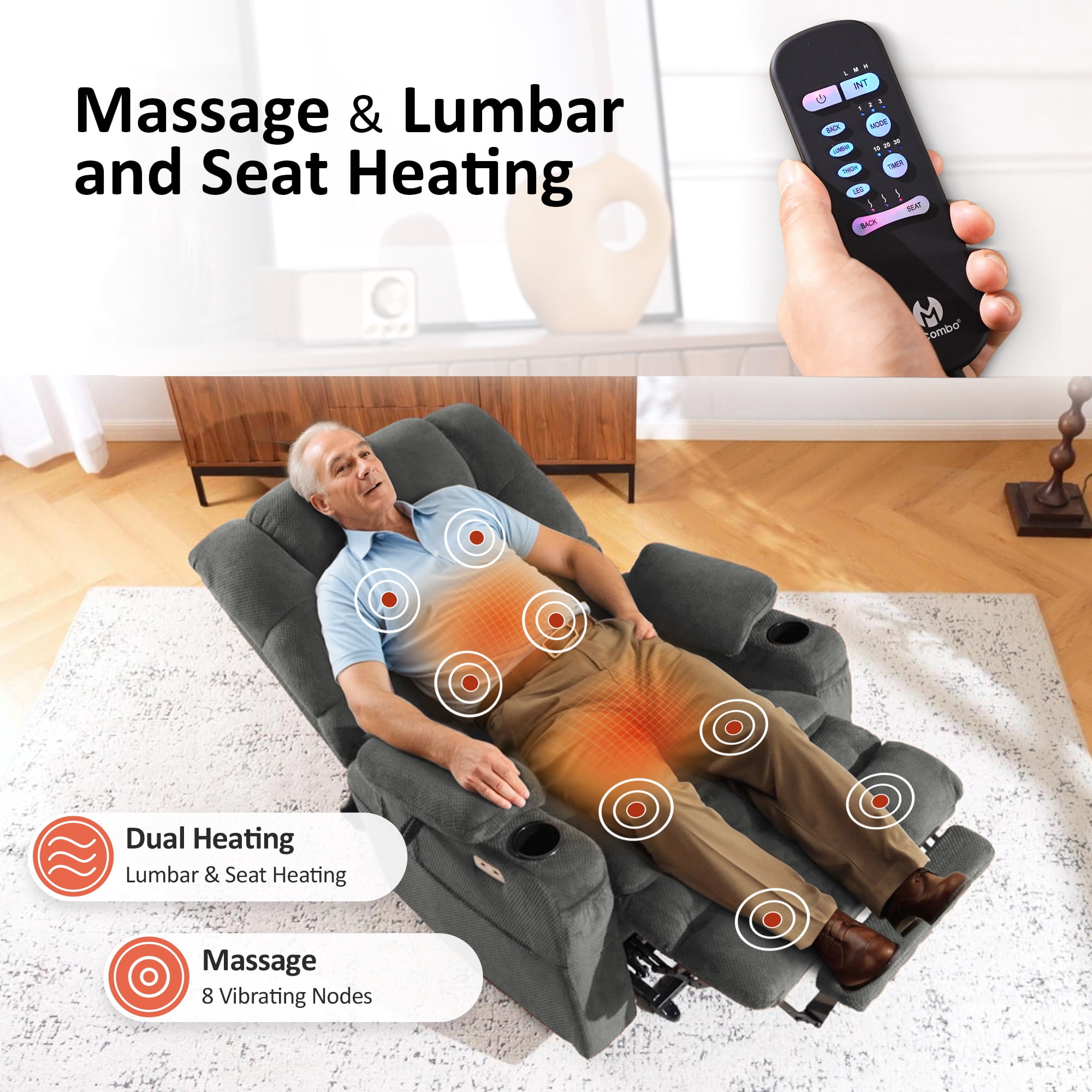 MCombo Large Triple Motor Power Lift Recliner for Big and Tall Elderly, Fabric, Grey