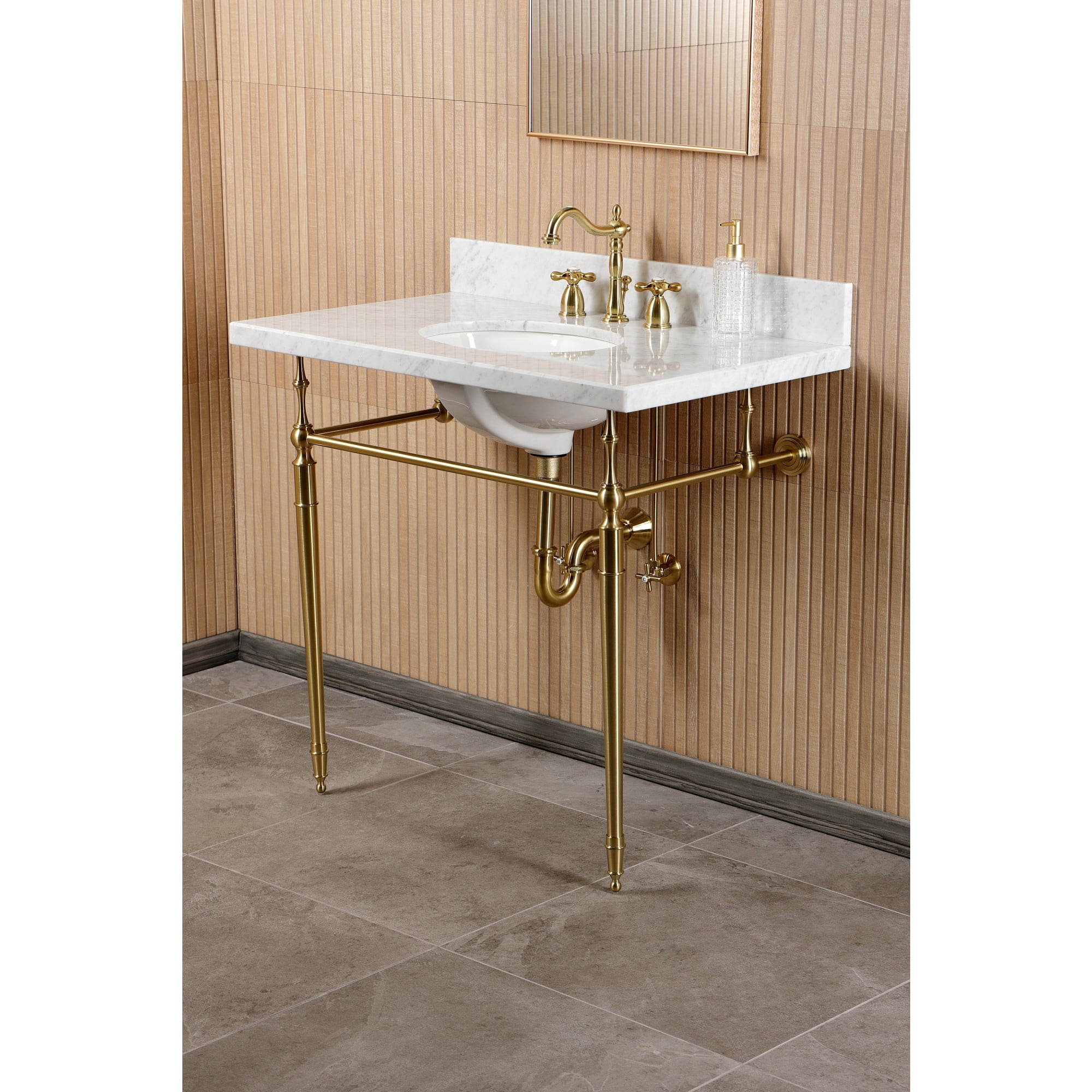 Kingston Brass CKVPB3622M87 Edwardian 36" Carrara Marble Console Sink Set with Widespread Bathroom Faucet and Plumbing Trim Kit (8-Inch, 3-Hole), Carrara Marble White/Brushed Brass