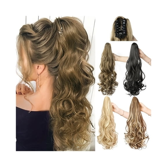 24 Inches Synthetic Long Curly Wavy Ponytail Hair Extension Claw Clip in Ponytail Hairpiece for Women