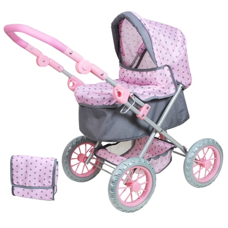 Lissi: Baby Doll Pram - Pink & Grey Polka Dots - Push Stroller, Toy Accessory For Dolls Up To 18", Adjustable Handle, Handbag, Shopping Basket, Kid 3+