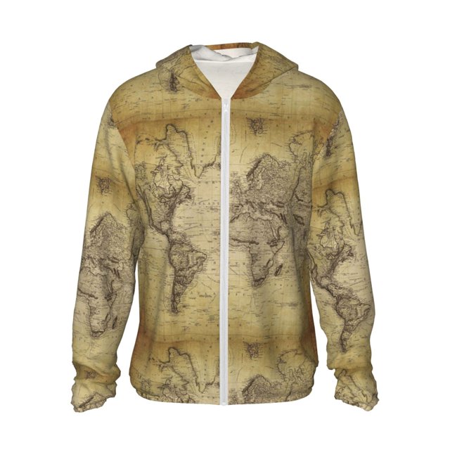 Fotbe Vintage World Map Chaqueta con Protección Solar UPF 50+ para Hombre y Mujer, Camisa con Capucha y Bolsillos-XX-Large
