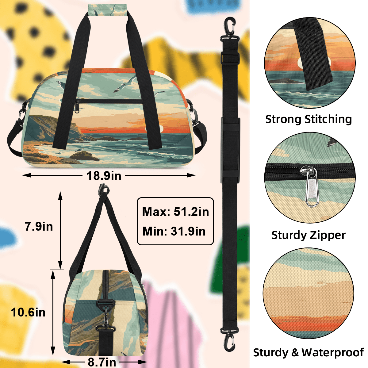 Herdesigns Summer Beach Coastal Sports Duffle Bag for Women & Men, Ocean Landscape Scenery Gym Bag Dance Bag Overnight Bag Carry On Weekender Travel Bag