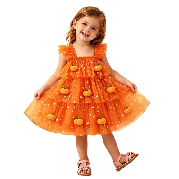 Curuila Children Girls Halloween Dress Flutter Sleeve Hallowmas Pumpkin Square Neck For Party Fashionable Dresses Size 3-4 Years