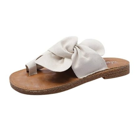 

Slip On Sandals For Women Ladies Casual Bowknot Toe Ring Flat Slippers Beach Shoe