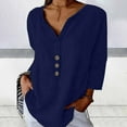 thumbnail image 2 of Lovskoo Cotton Linen Summer Tops for Women 2024 V Neck Long Sleeve Loose Slim Solid Color Top Navy, 2 of 9