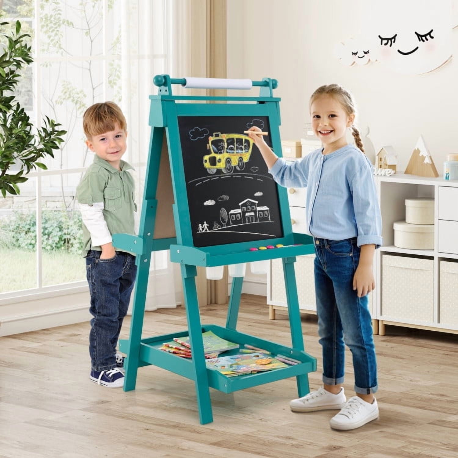 Barara King Kid's Art Easel with Chalkboard, Drawing Easel with Magnetic Whiteboard, 3-in-1 Double-Sided Storage Art Easel for Study Room, Home Office, Living Room, Green