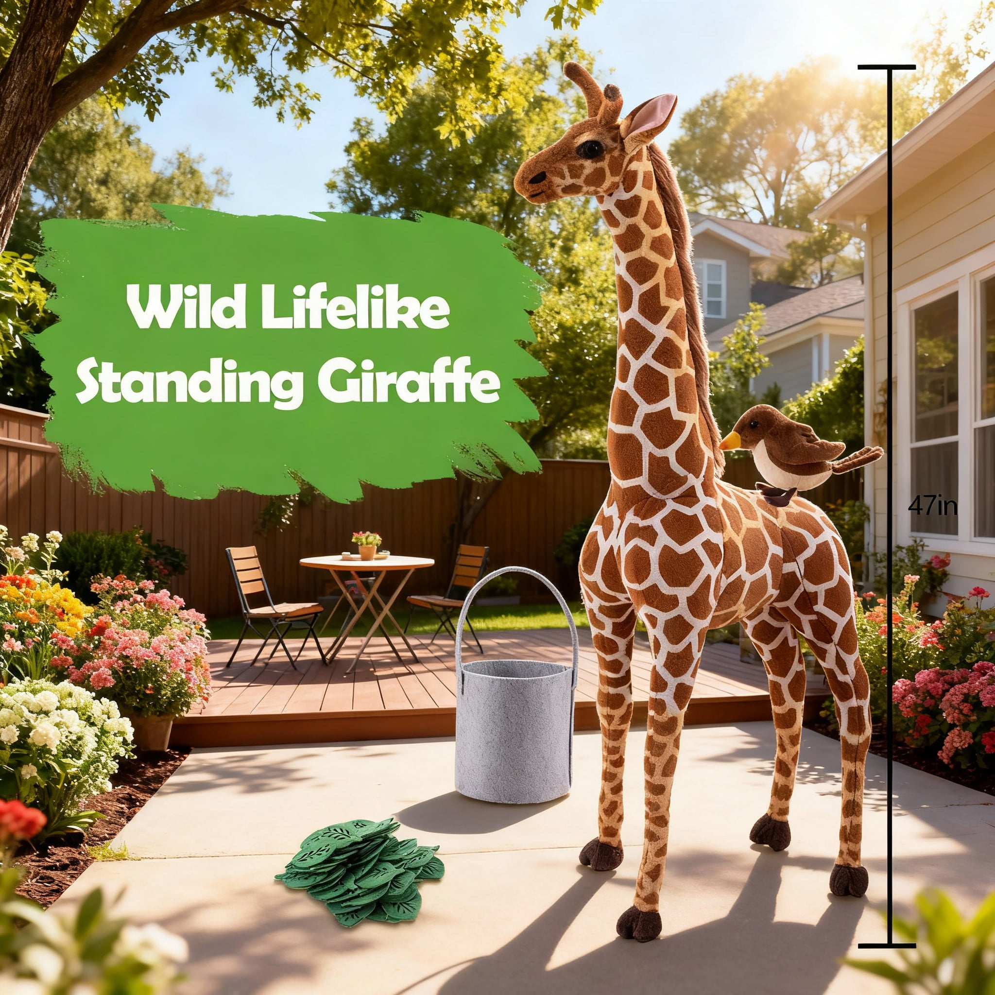 BRINJOY Giant Giraffe Stuffed Animal Set, 47 Inch Large vivid Plush Giraffe Toy with Bird&Basket&Leaves&Card, Standing Giraffe for kids