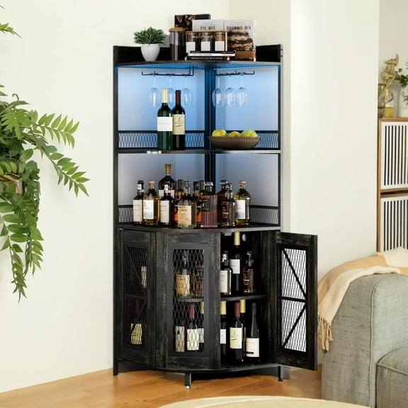 EastVita Industrial Corner Bar Cabinet With Power Outlet,64.2"Tall Wine Cabinet With LED Lights&Glass Holder,5-Tiers Liquor Cabinet With Storage,Corner Display Shelf for Living Room/Kitchen