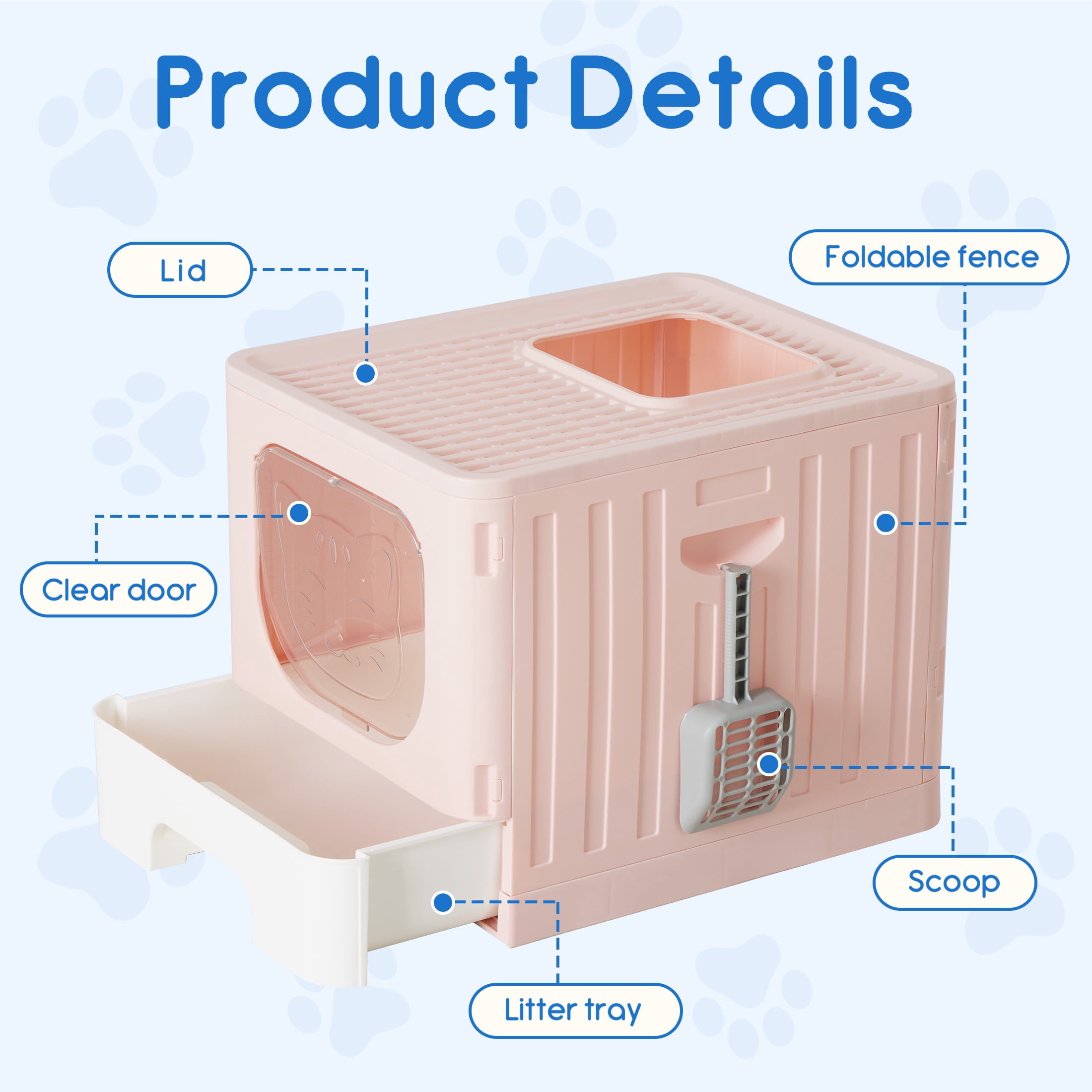 EDX Large Foldable Cat Litter Box with Lid, Enclosed Anti-Splashing Cat Box with Litter Scoop, Front Entry Top Exit Kitty Litter Box with Door, Drawer Design, Easy Cleaning & Odor Control, Pink
