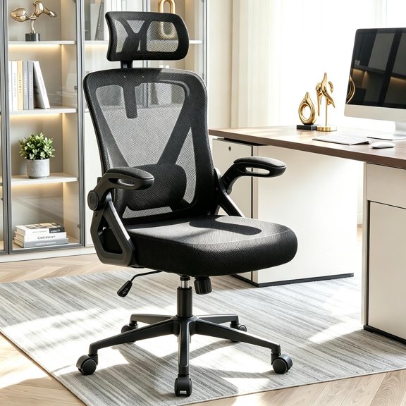 Mesh Office Chair Ergonomic High Back Desk Chair with Adjustable Lumbar Support, Headrest and Armrests, Breathable Swivel Computer Chair with Rolling Wheels for Home Office (Black)