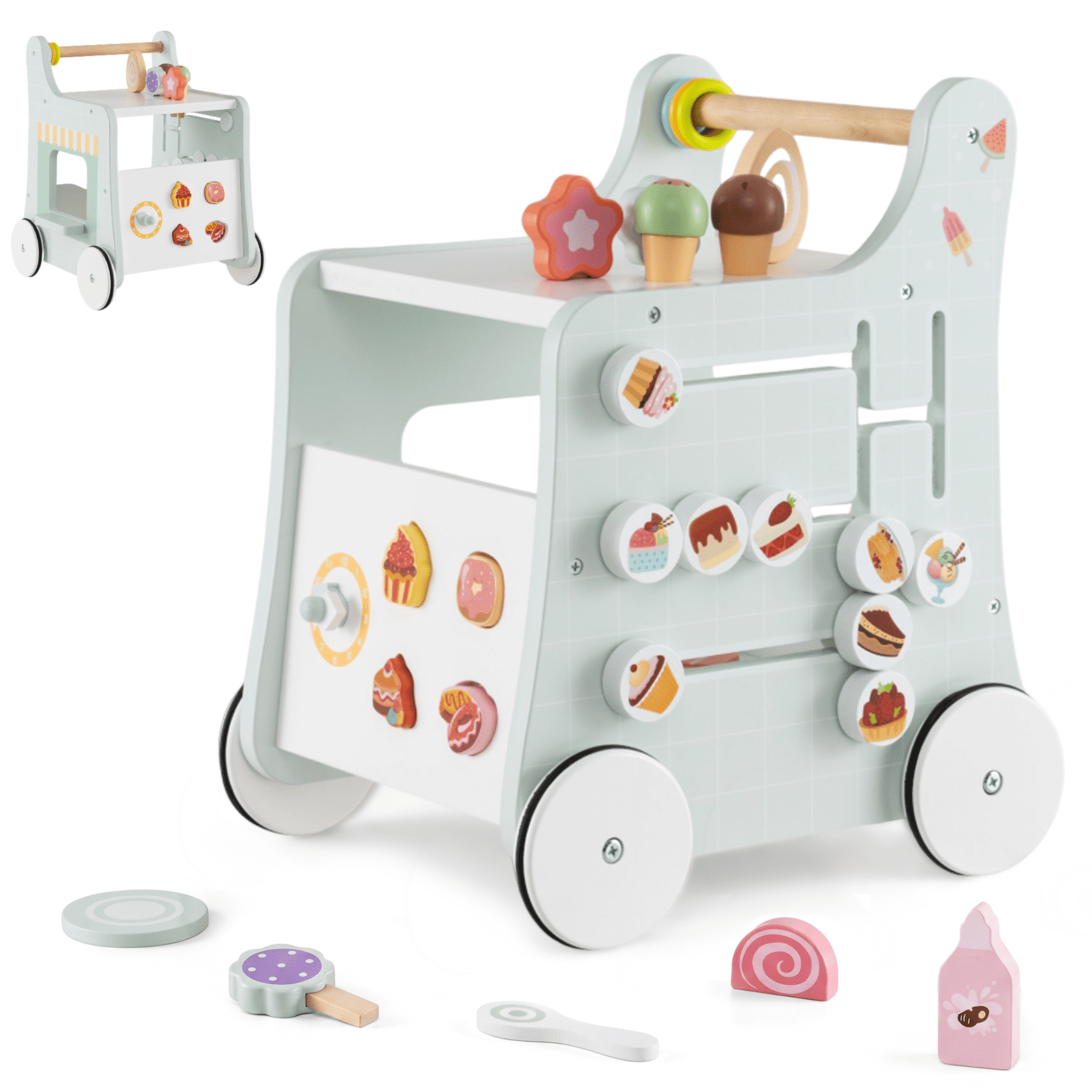 INFANS 6 in 1 Wooden Baby Walker, Play Kitchen Playset, Toddler Push Learning Activity with Wheels Shape Sorter Movable Slider, Montessori Educational Toy for Girls Boys 1-3 Years