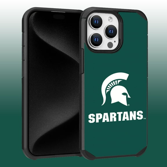 Apple iPhone 15 Pro Max (6.7) - Licensed NCAA of Michigan State University Spartans Logo on Green Textured Dual Layer Case