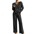 thumbnail image 2 of Xaqiouau Womens 2 Piece Sweater Sets V Neck Long Sleeve Ribbed Knit Top Wide Leg Pants Matching Lounge Outfits Casual Loungewear Fall Winter, 2 of 7