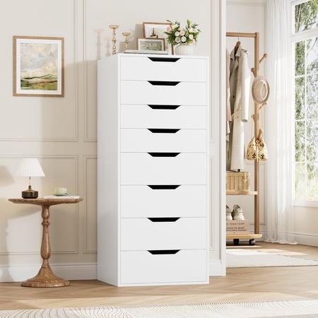 Tall White Dresser, 8 Drawer Dresser with Groove Handles, White Tall Dressers, Modern Chest of Drawers with Large Storage Space for Home Office