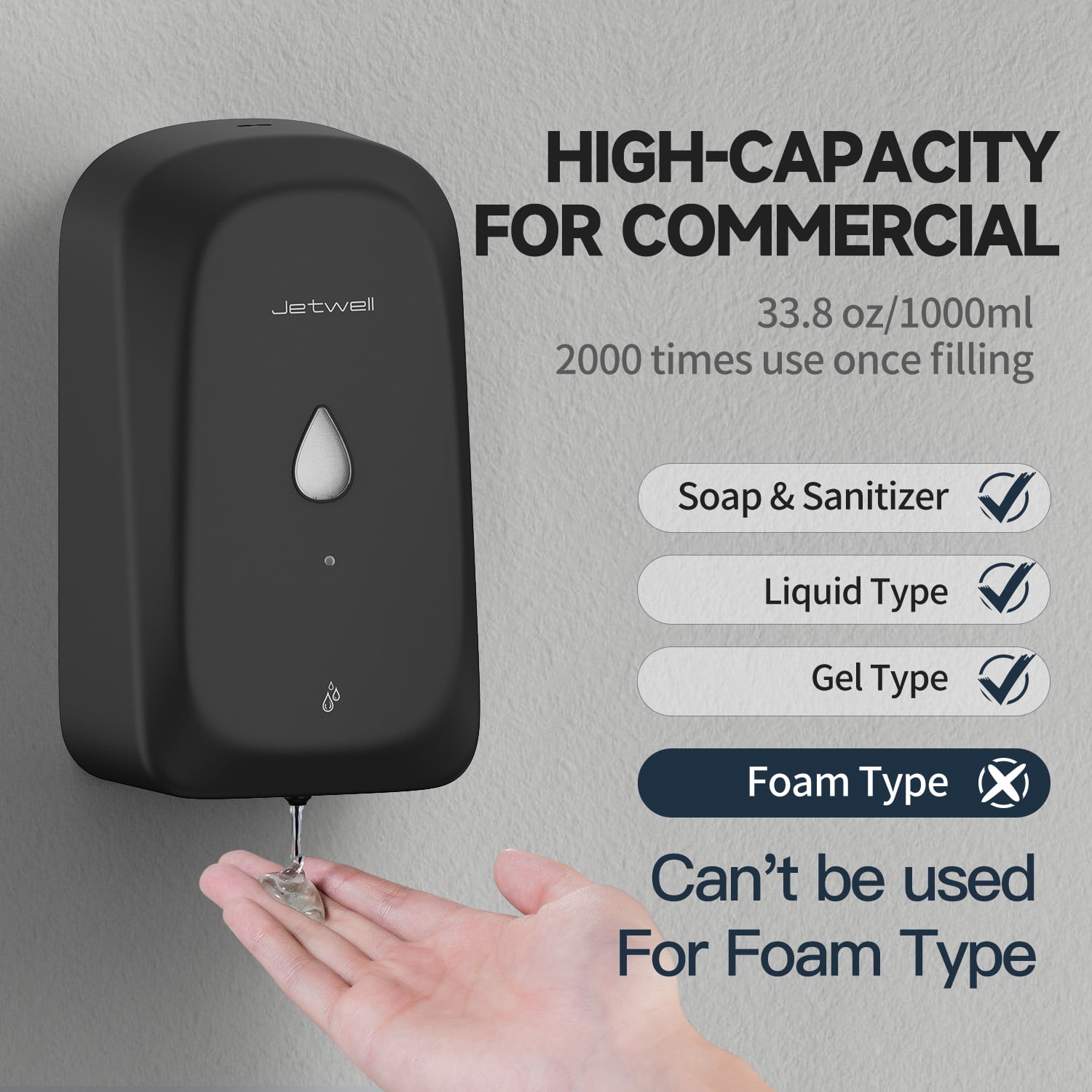 JETWELL Wall-Mounted Matte Black Liquid Drop 34 oz Soap & Lotion Dispenser