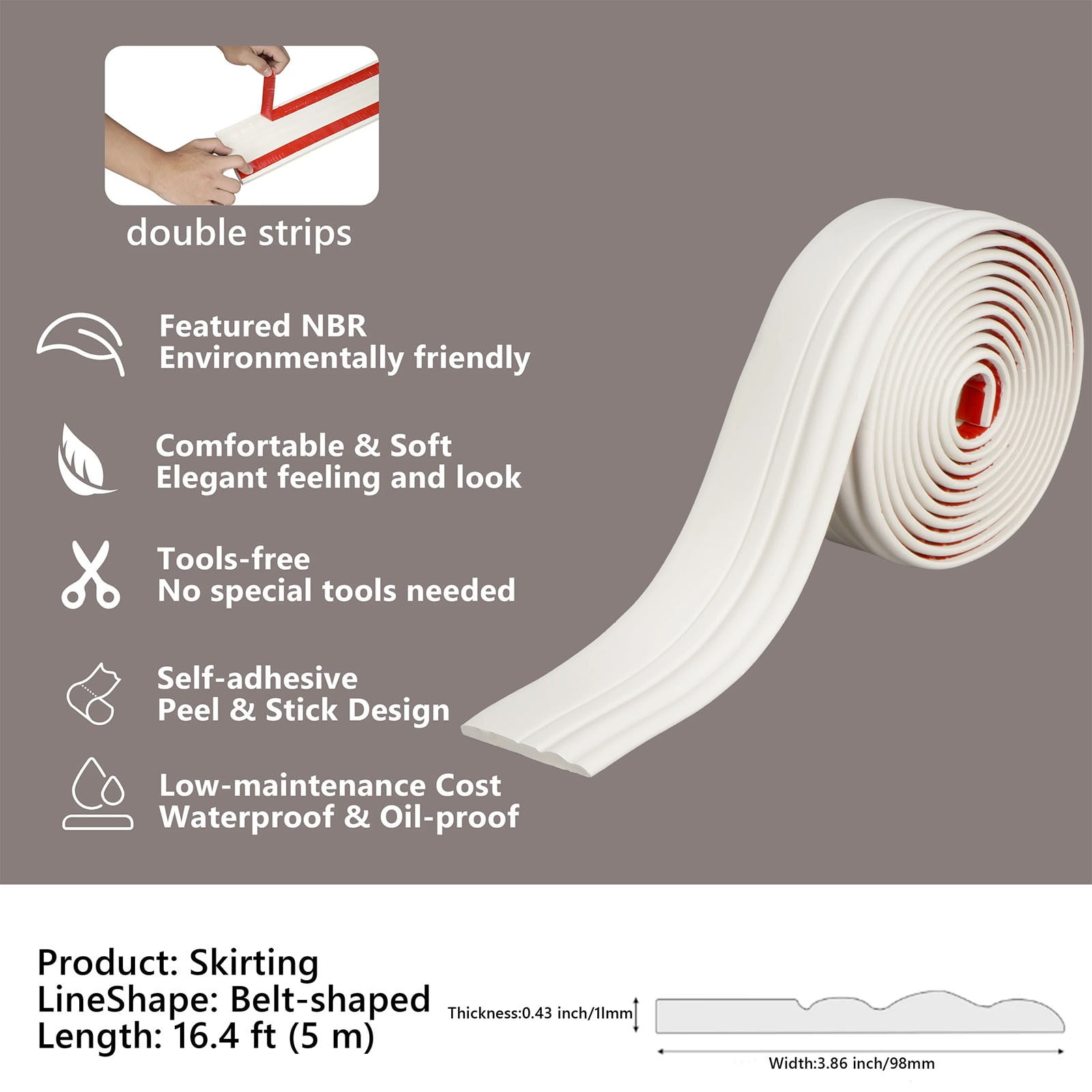 Flexible Peel and Stick Baseboard Molding Trim, 16.4 Ft Self Adhesive Wall Edge Guard, Easy to Clean Waterproof Floor Corner Protector for Home Kitchen Bathroom, White