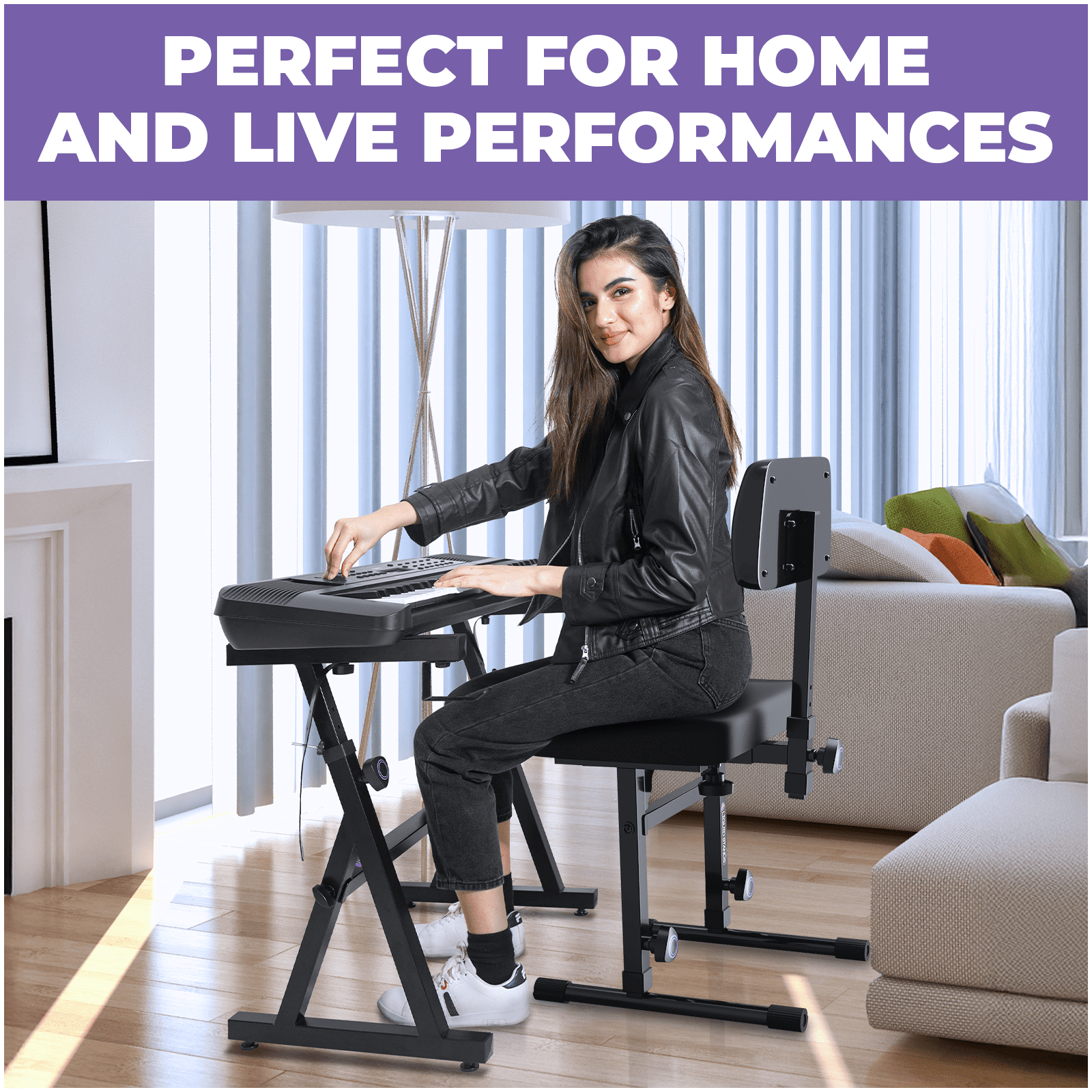 Liquid Stands Piano Keyboard Stand & Bench Set - Portable Sturdy Metal Stand for 54-88 Key & Piano Chair