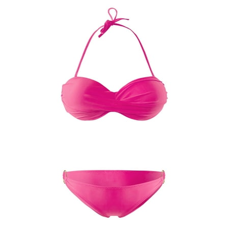 JIANJIA Swim Suits for Women Summer Solid Color Detachable Lace Up Halter Brassiere With Thongs Two Piece Brazilian Bikinis Swimwears Bathing Suits Hot Pink XL