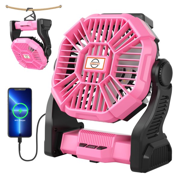 Ventilador recargable TDLOL X23 rosa con luces LED y gancho de 360°