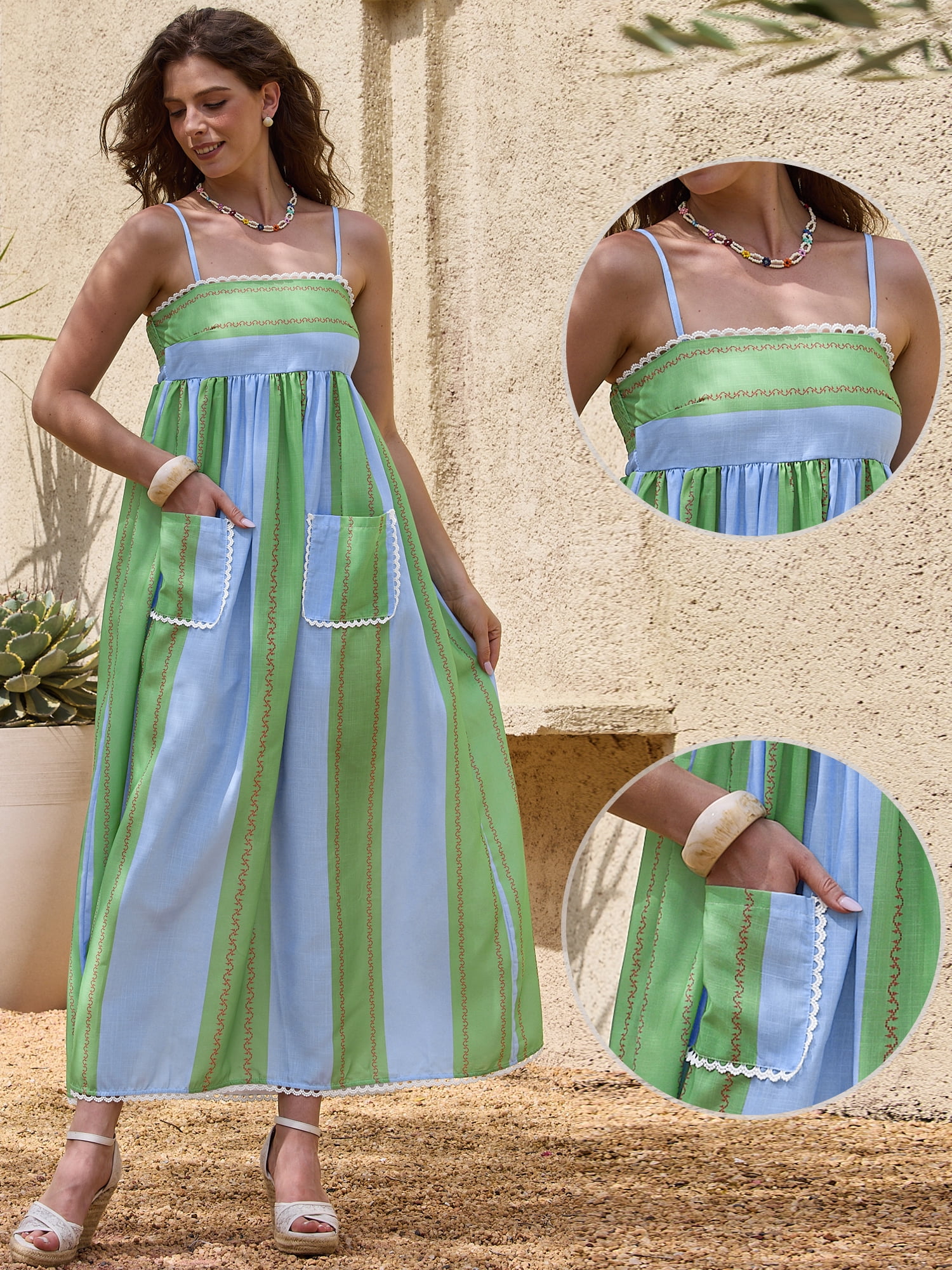 DARING DIVA Women's Striped Slip Spaghetti Strap Maxi Dress S Green