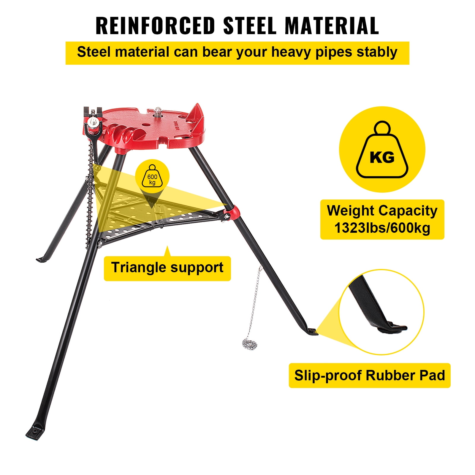 KFFKFF 460-6 Tripod Pipe Chain Clamp with 1/8"-6" Range, Portable Folding Steel Legs, Pipe Support Stands Including Tool Tray, Perfect for Various Pipe Substances