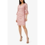 Adrianna Papell Day V-Neck Back Zipper ¾ Bell Sleeves Short Embroidered Dress by Curated Brands
