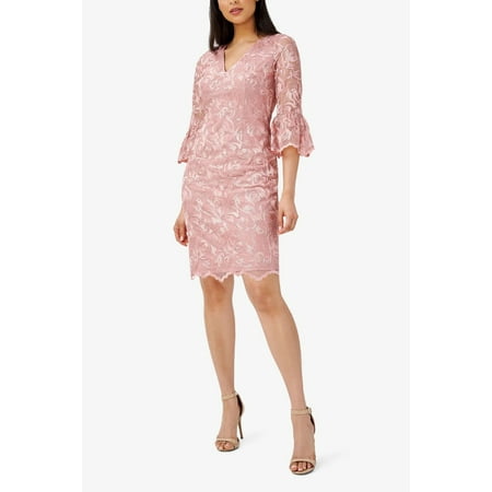 Adrianna Papell Day V-Neck Back Zipper ¾ Bell Sleeves Short Embroidered Dress by Curated Brands