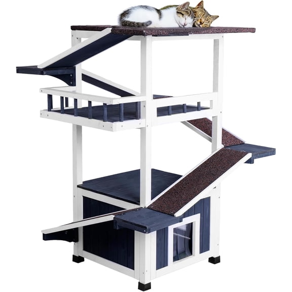Cat Tree Outdoor Cat Shelter Weatherproof Feral Cat House Multi-Level Outside Wooden Kitten Condo with Escape Door