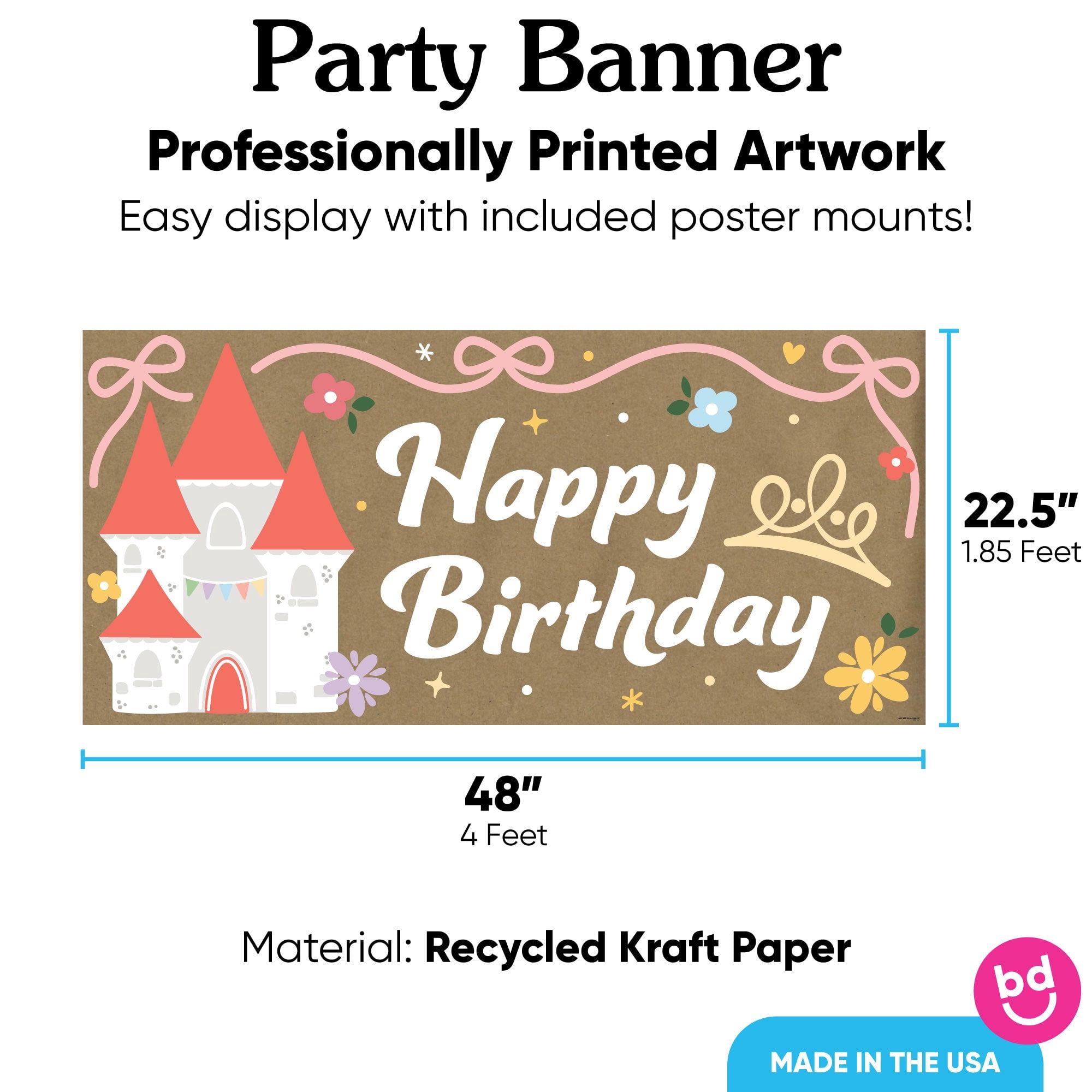 Big Dot of Happiness Princess Birthday Kraft Paper Banner, Pink Princess Castle Happy Birthday Party Banner, Printed Brown Paper Party Sign Decoration – 1 Count