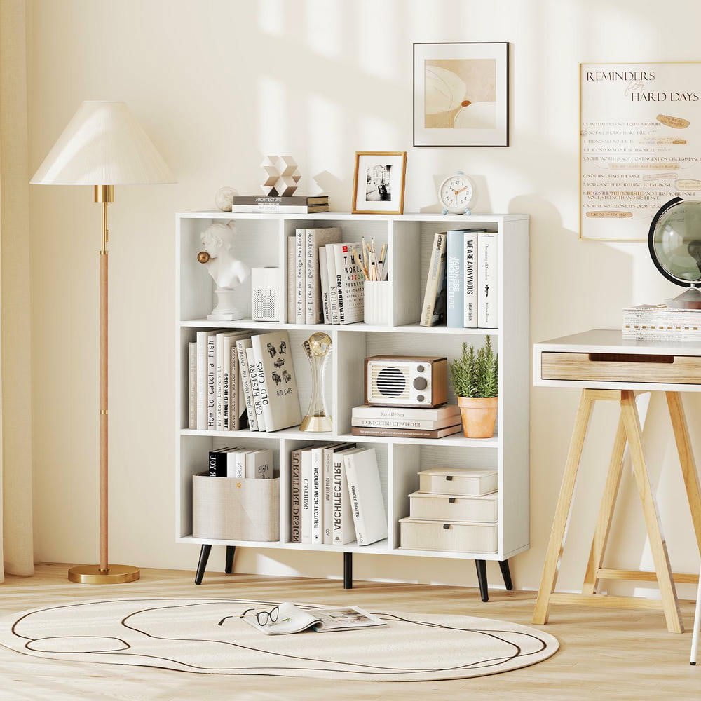 Resenkos 8-Cube Bookcase with 5 Tapered Metal Legs for Modern Decor - White/Black