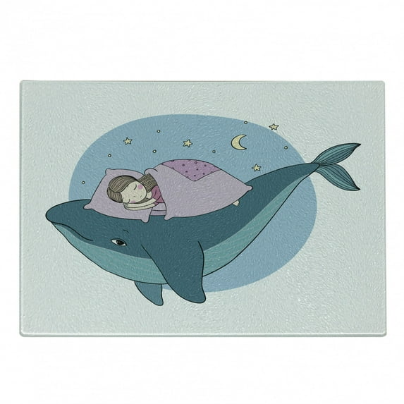 Whale Cutting Board, Hand Drawn Style Little Girl is Sleeping on a Whale Cozy Bed in the Night Sea, Decorative Tempered Glass Cutting and Serving Board, Small Size, Blue Lilac Yellow, by Ambesonne