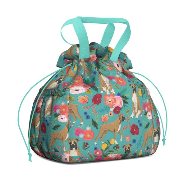 BoxerDog and Floral Drawstring Lunch Bag Women - Drawstring Lunch Bag Insulated for Work Office - Stain-Resistant Large Lunchbags for Women with Multi-Pockets