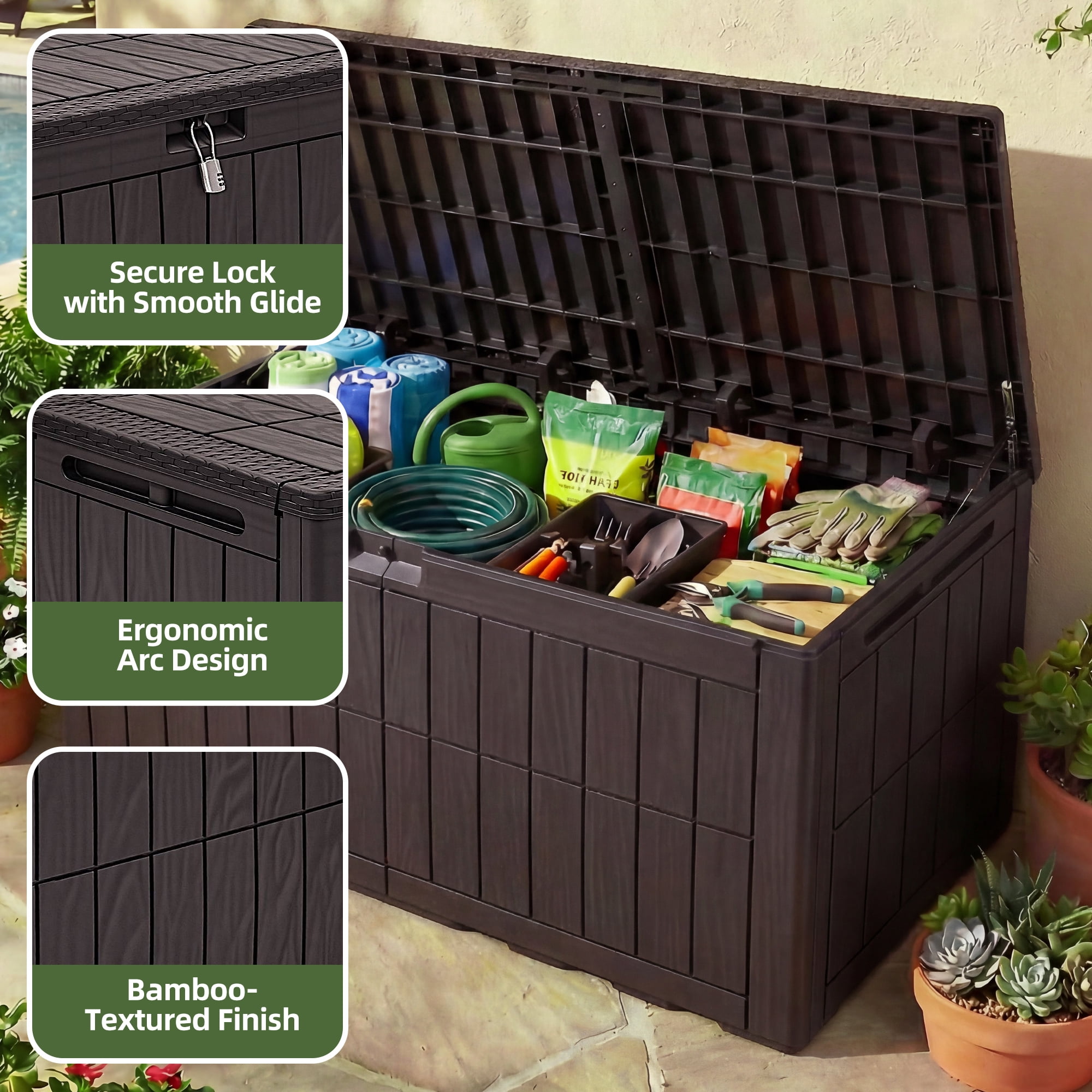 Uforic 110 Gallon Outdoor Deck Box, Waterproof Resin Lockable Storage Box, Patio Bench with Seat, Outdoor Storage Container for Garden Tools, Pool Supplies and Patio Cushions, Dark Brown