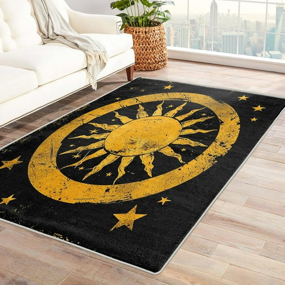 Sun Stars Rug & Home Decor - Living Room Rug, Celestial Rugs for Bedroom, Washable Rugs, 4x6 Rug, Non Slip Soft Low Pile Large Indoor Area Rug, Black and Gold Carpet & Room Decorations X-&561