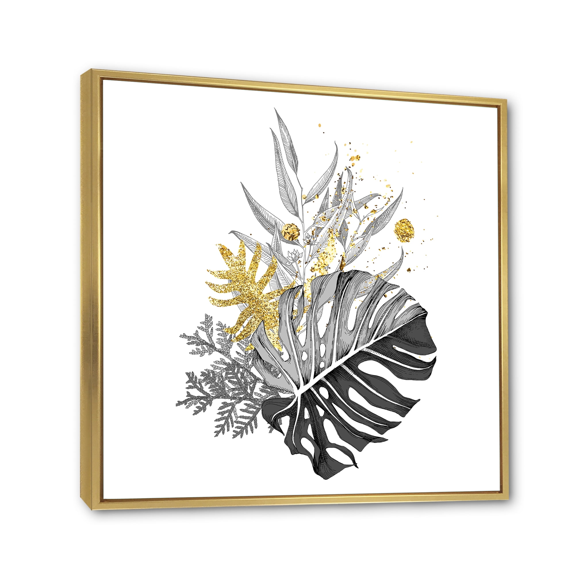 Designart 'Bouquet With Golden Tropical Leaves and Monochrome' Tropical Framed Canvas Wall Art Print