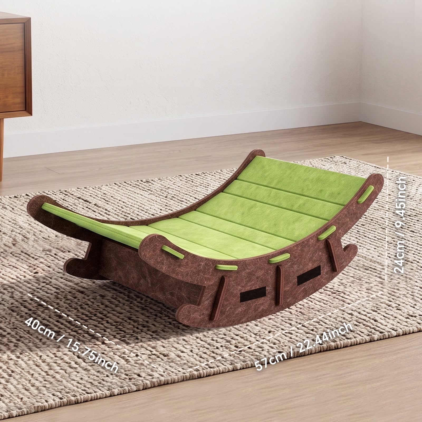 2‑in‑1 Felt Cat Rocking Bed, Foldable Cat Recliner Scratcher, Wear‑Resistant Curved Cat Scratch Post, Spacious All‑Season Cat Rocking Nest for Indoor Cats, Green 57*40*24cm