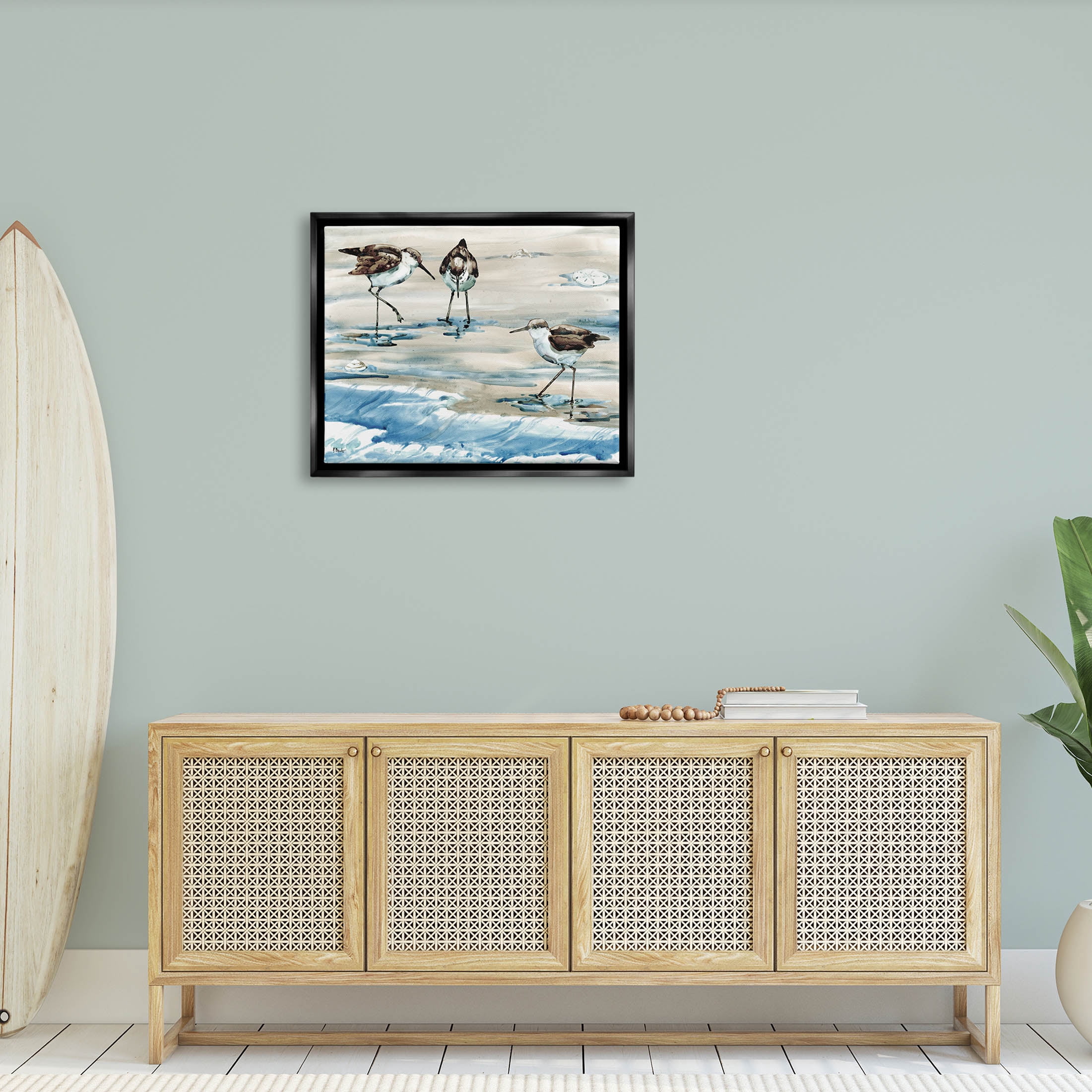 Stupell Industries Rockhampton Sandpipers Ocean Waves Painting Jet Black Floating Framed Canvas Print Wall Art, Design by Paul Brent