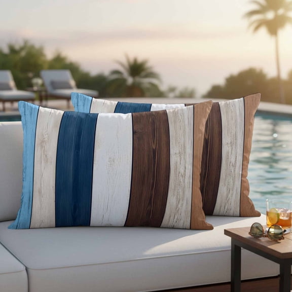 Blue Brown Farmhouse Outdoor Pillow Covers 20x12 Inch Lumbar Pillow Covers Set of 2 Waterproof Decorative Throw Pillow Cases Vintage Retro Wooden Cushion Covers for Patio Furniture Garden Couch Sofa