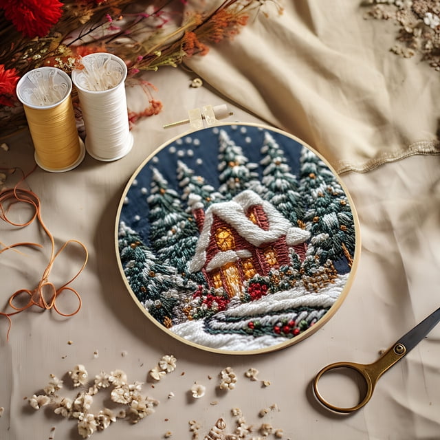 Fiudx Kit de Casa de Nieve Navideña, Bordado a Mano, Set Completo de Manualidades, Hilos y Agujas de Colores, Decoraciones Personalizadas, Adornos Navideños, Tamaño de 15 Cm, Idea de Regalo Única